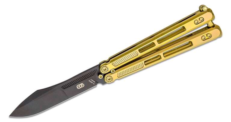 eos trident balisong butterfly knife 415 s30v black harpoon blade gold